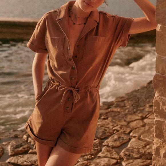 Sezane Pants - Sezane Brown Short-Sleeve Utility Romper